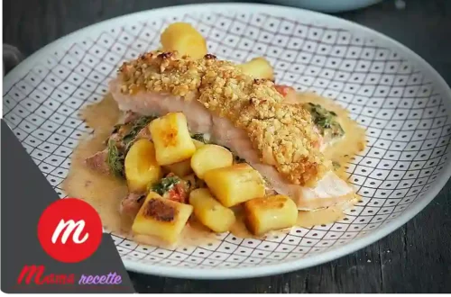 Saumon en croûte de noix croustillant avec gnocchis poêlés