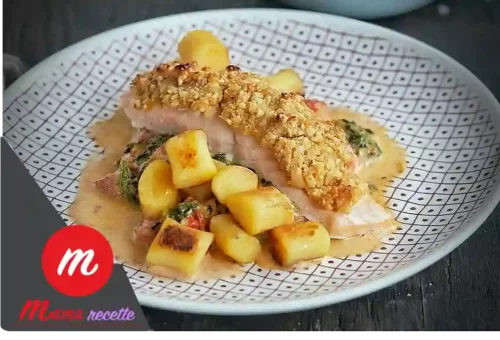 Saumon en croûte de noix croustillant avec gnocchis poêlés